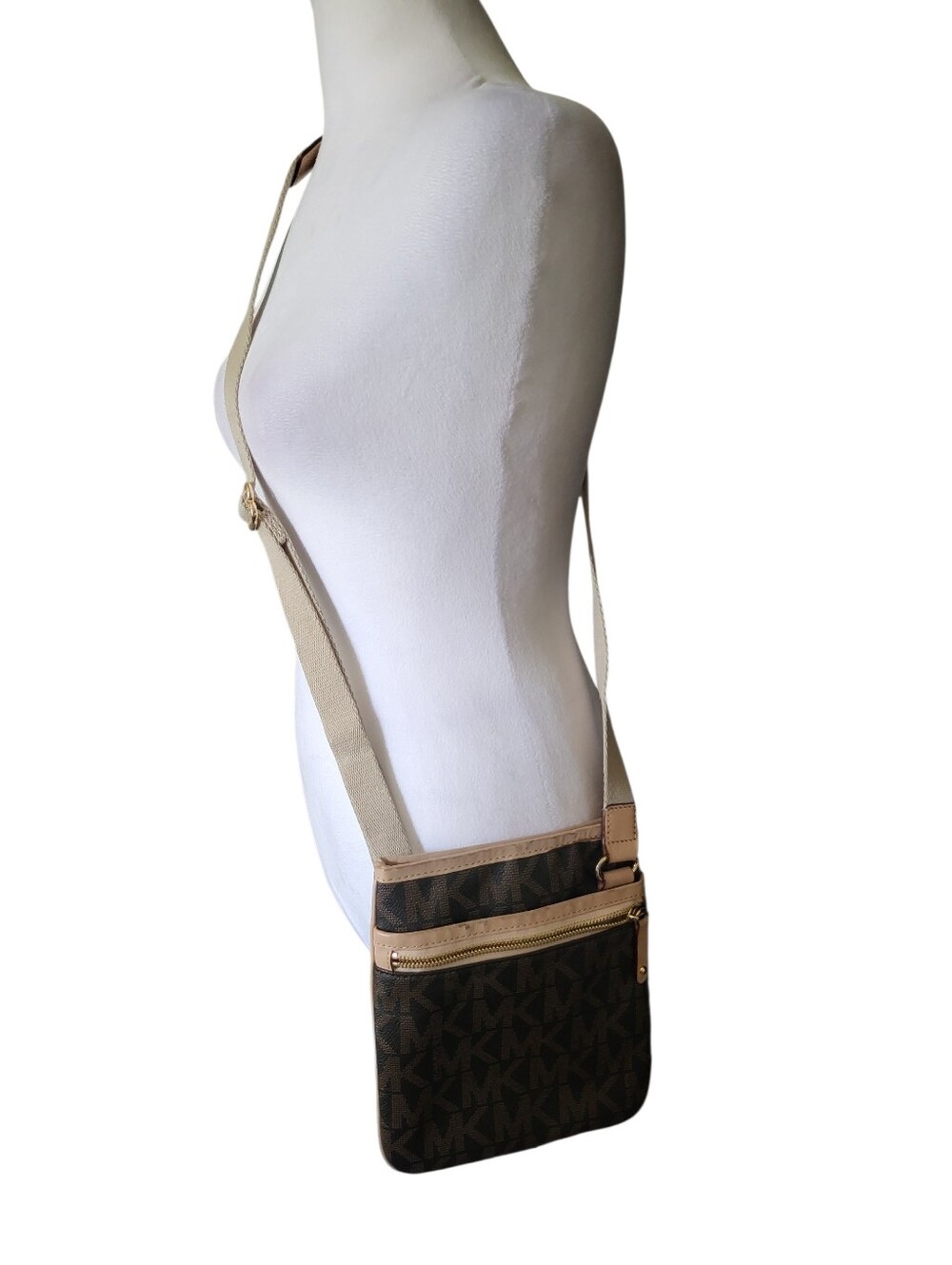 Michael Kors Brown MK Logo Crossbody with Beige Strap
